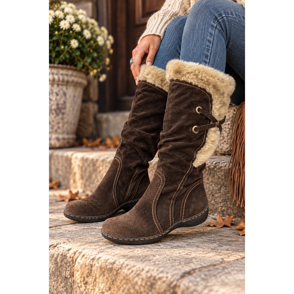 Bare Traps Women's Brown Suede Faux Fur Tall Boots Slouchy Boho Winter Cozy 9